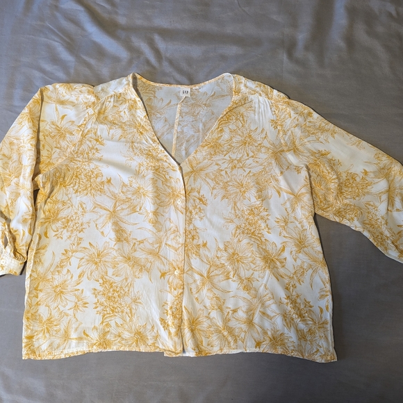 Gap Long Balloon Sleeve Yellow Floral V-neck Blouse, XXL - Picture 1 of 5